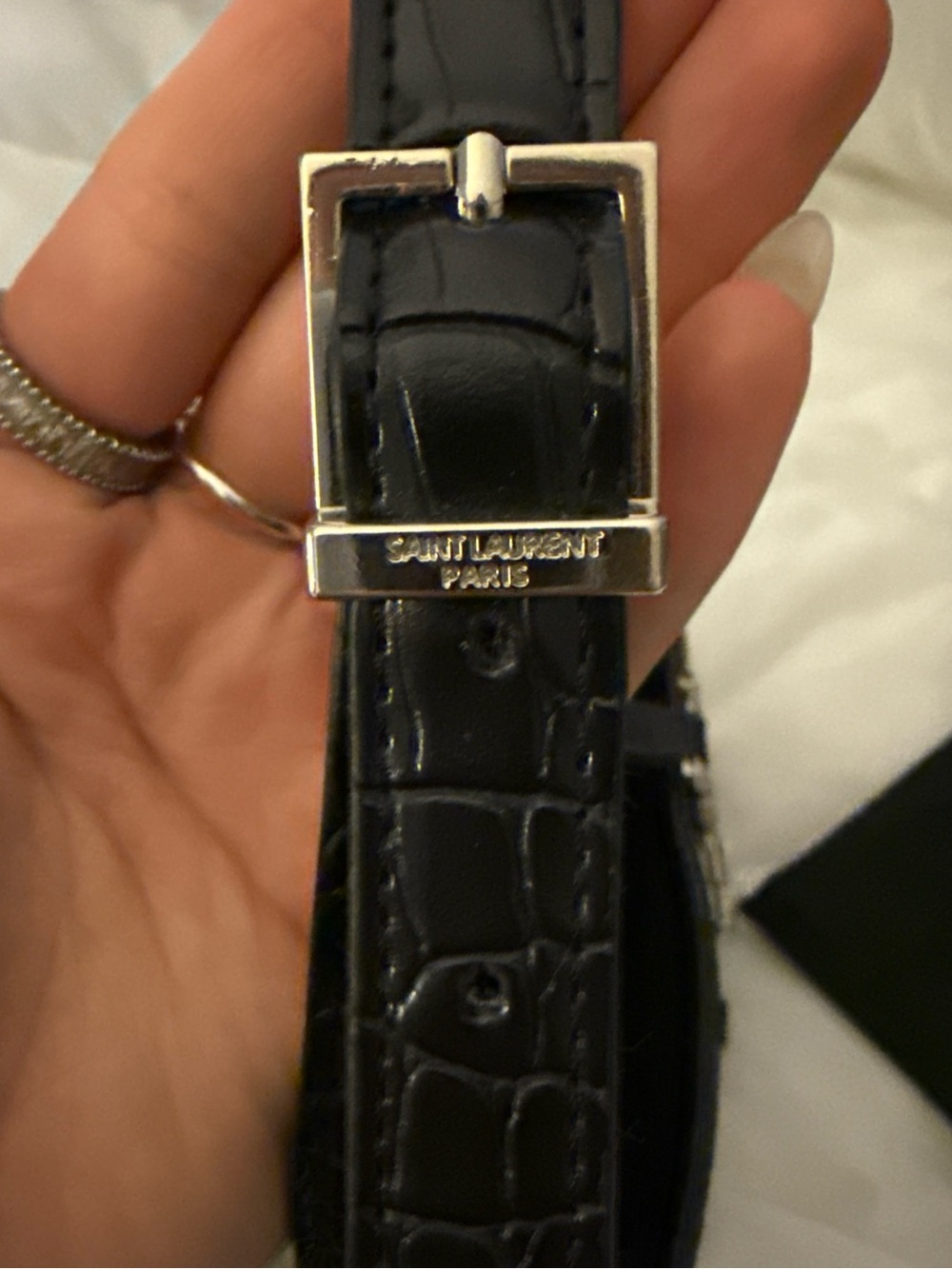 Yves Saint Laurent Black Croc-Embossed Shoulder Bag with Silver YSL - Picture 4 of 6